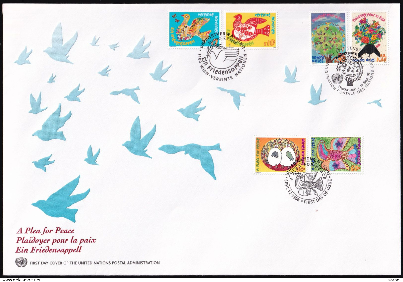 UNO NEW YORK - WIEN - GENF 1996 TRIO-FDC Ein Friedensappel - New York/Geneva/Vienna Joint Issues