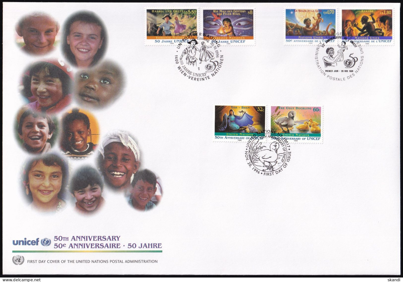 UNO NEW YORK - WIEN - GENF 1996 Mi-Nr. 32 TRIO-FDC 50 Jahre UNICEF - Gezamelijke Uitgaven New York/Genève/Wenen
