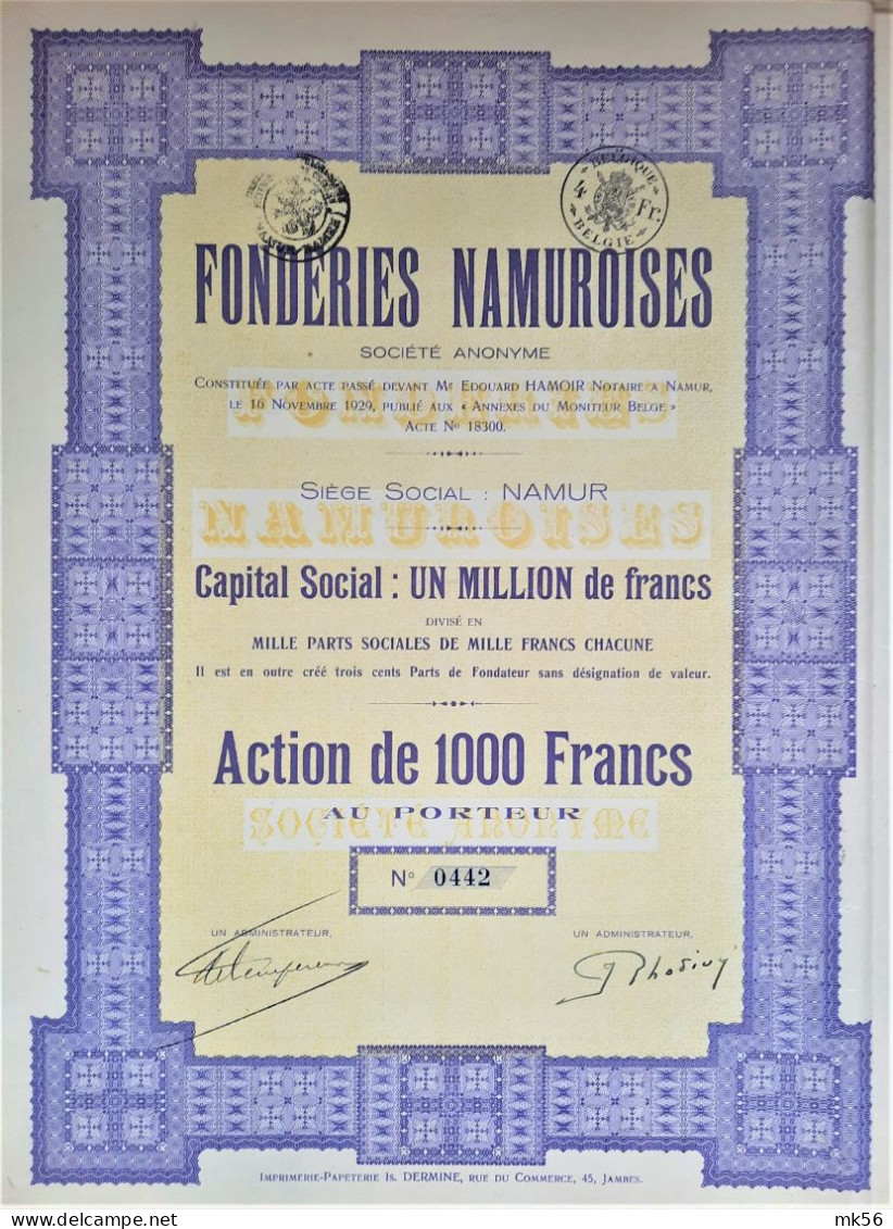 S.A. Fonderies Namuroises - 1929 - Action De 1000 Francs - Industrie