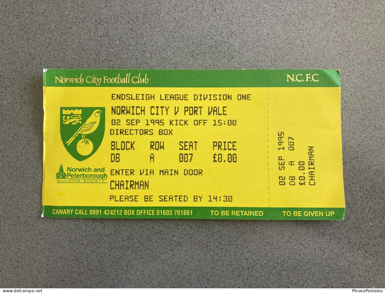 Norwich City V Port Vale 1992-93 Match Ticket - Eintrittskarten