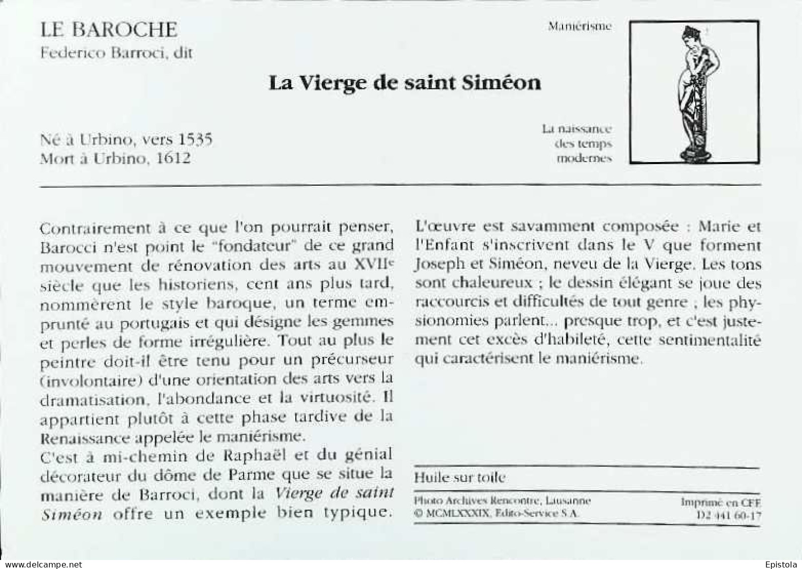 ►  Le Baroche ( Urbino)   La Vierge De Saint Siméon - Peintures & Tableaux