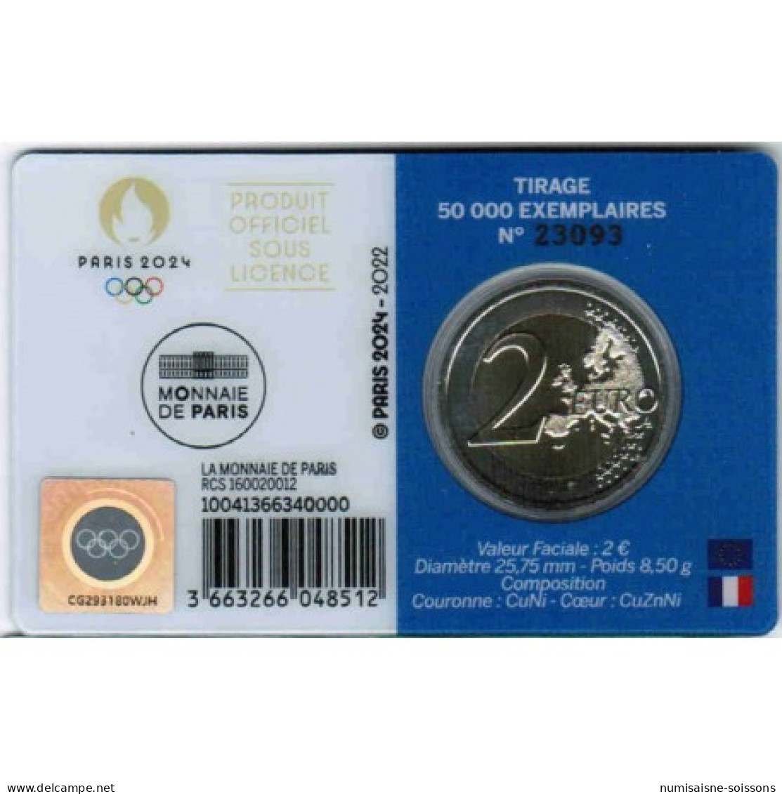 FRANCE - 2 EURO 2022 - JEUX OLYMPIQUES 2024 - COINCARD BLEUE - BU - Francia