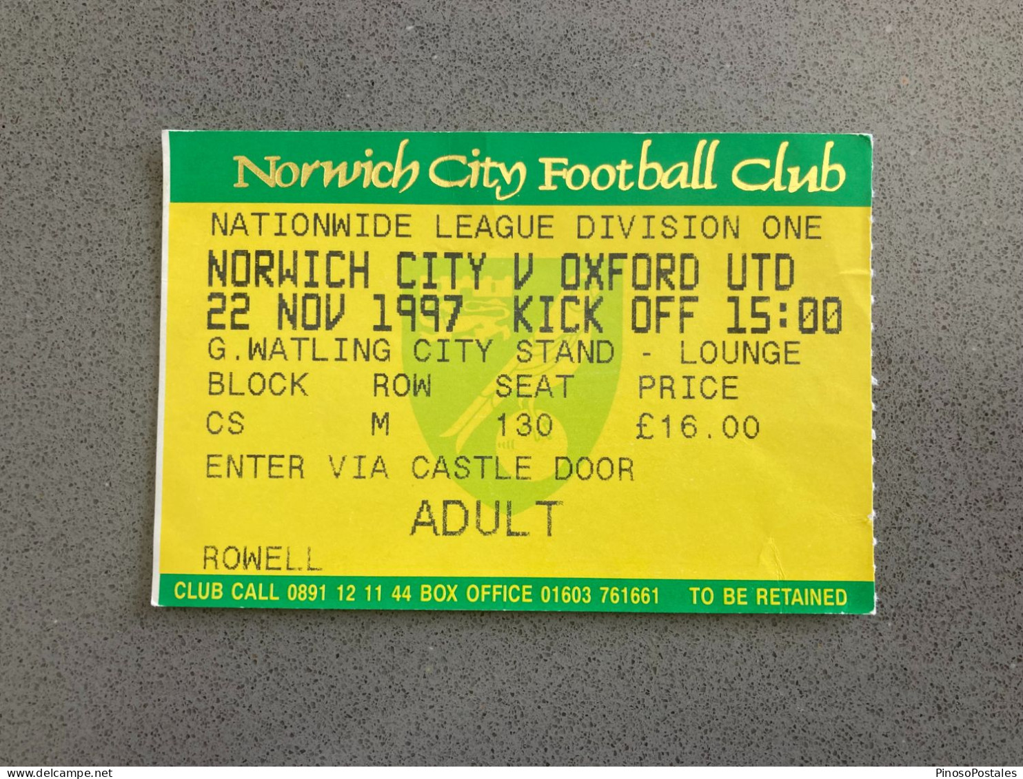 Norwich City V Oxford United 1997-98 Match Ticket - Eintrittskarten