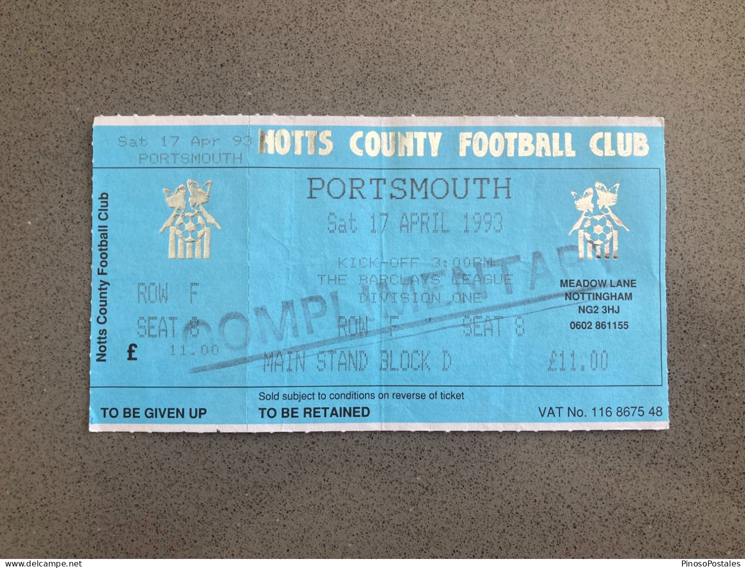 Notts County V Portsmouth 1992-93 Match Ticket - Tickets & Toegangskaarten