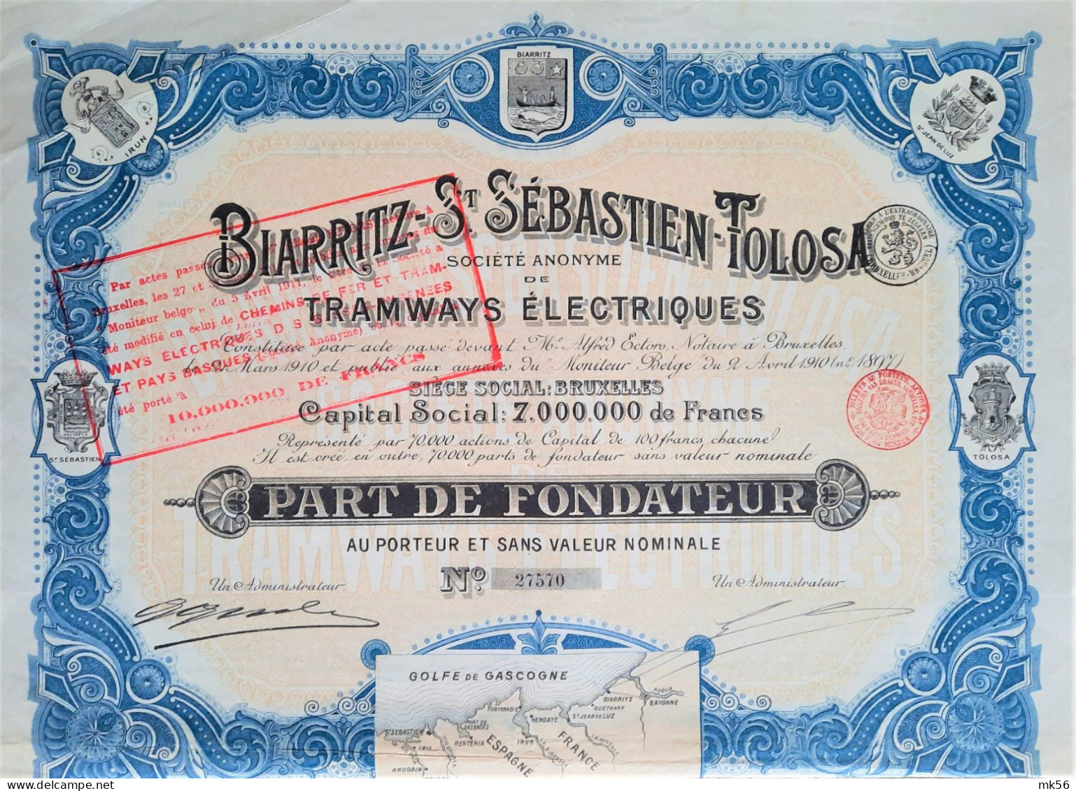 S.A. Biarritz -St-Sébastien-Tolosa -S.A. De Tramways éléctriques - 1910 - Part De Fondateur - Ferrovie & Tranvie