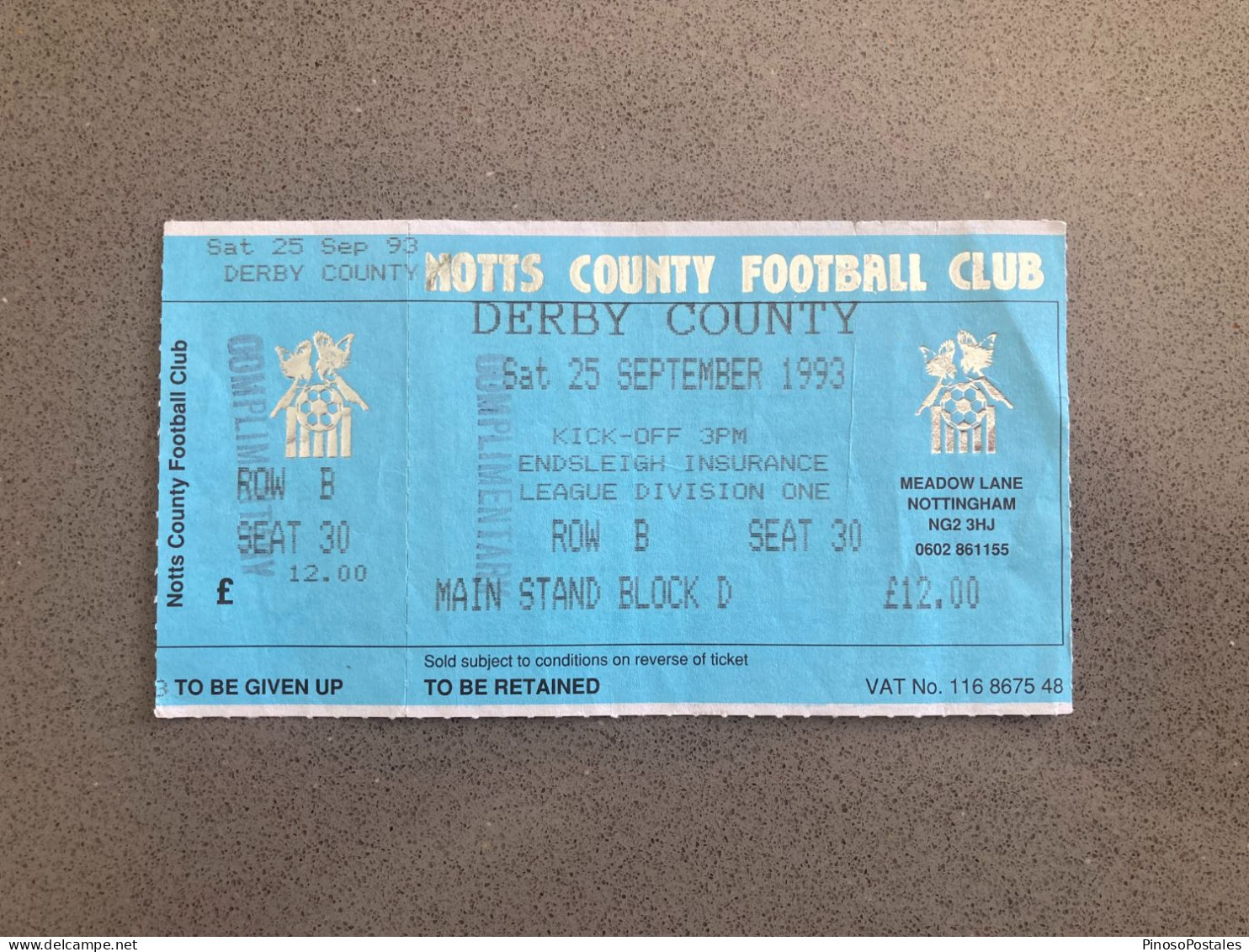 Notts County V Derby County 1993-94 Match Ticket - Match Tickets