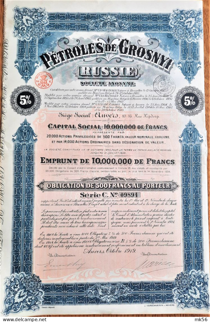 S.A. Pétroles De Grosnyi - Russie - Obligation De 500 Francs (1919) - Russland
