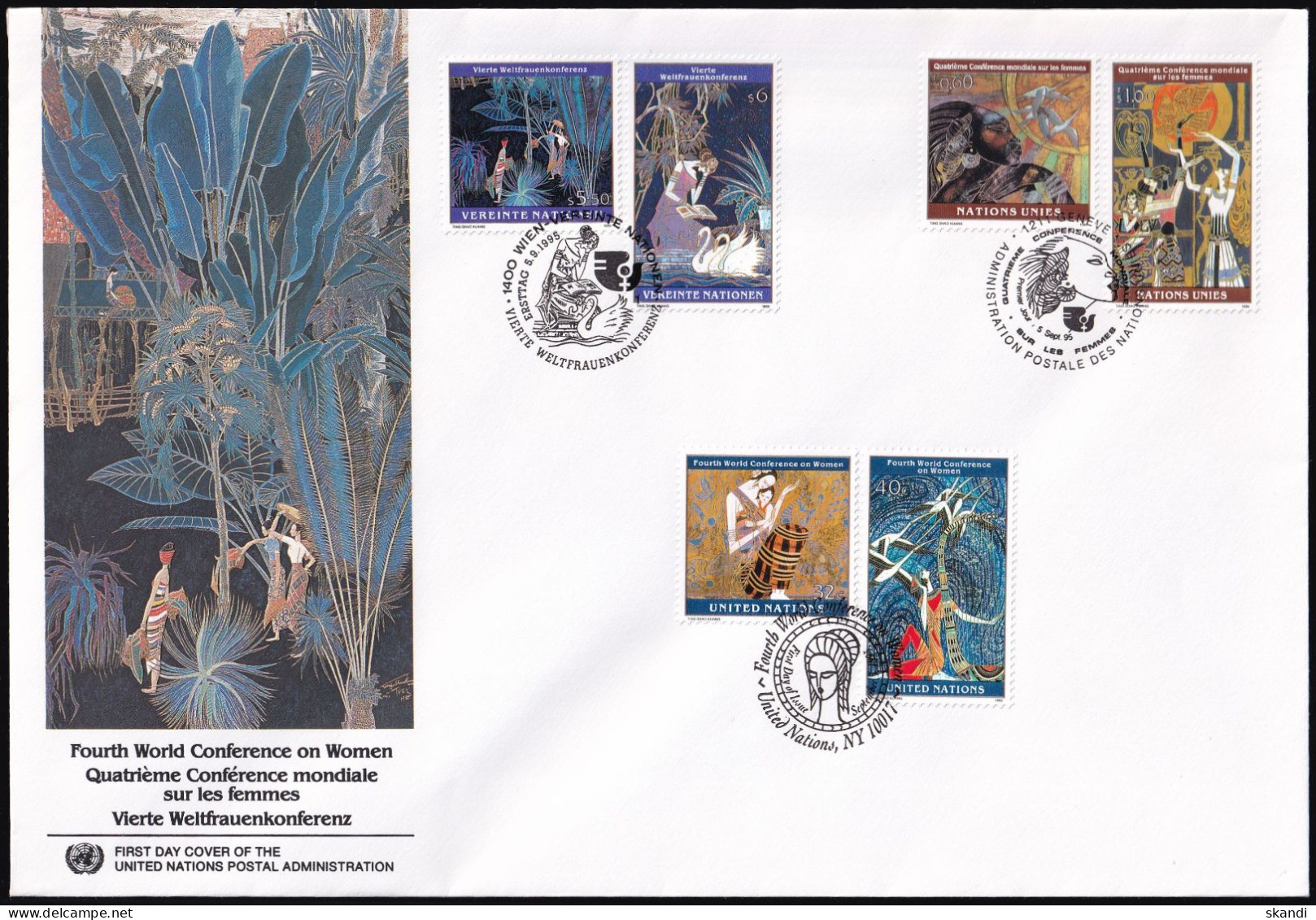 UNO NEW YORK - WIEN - GENF 1995 TRIO-FDC Vierte Weltfrauenkonferenz - Gezamelijke Uitgaven New York/Genève/Wenen