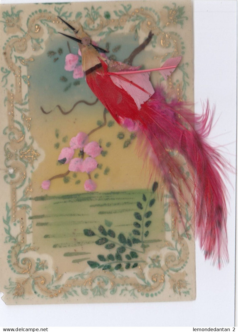 Celluloid Card - Carte Celluloïde - Bird With Real Feathers, Oiseau Avec De Vraies Plumes - Autres & Non Classés
