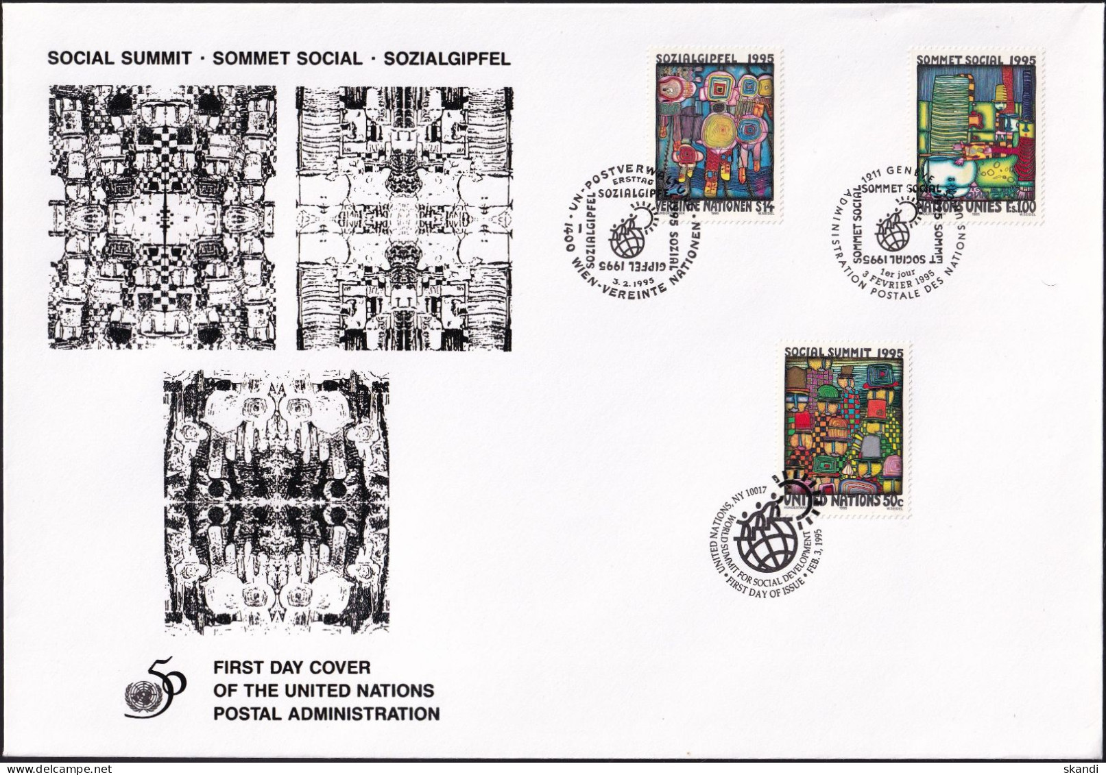 UNO NEW YORK - WIEN - GENF 1995 TRIO-FDC Sozialgipfel - Gemeinschaftsausgaben New York/Genf/Wien