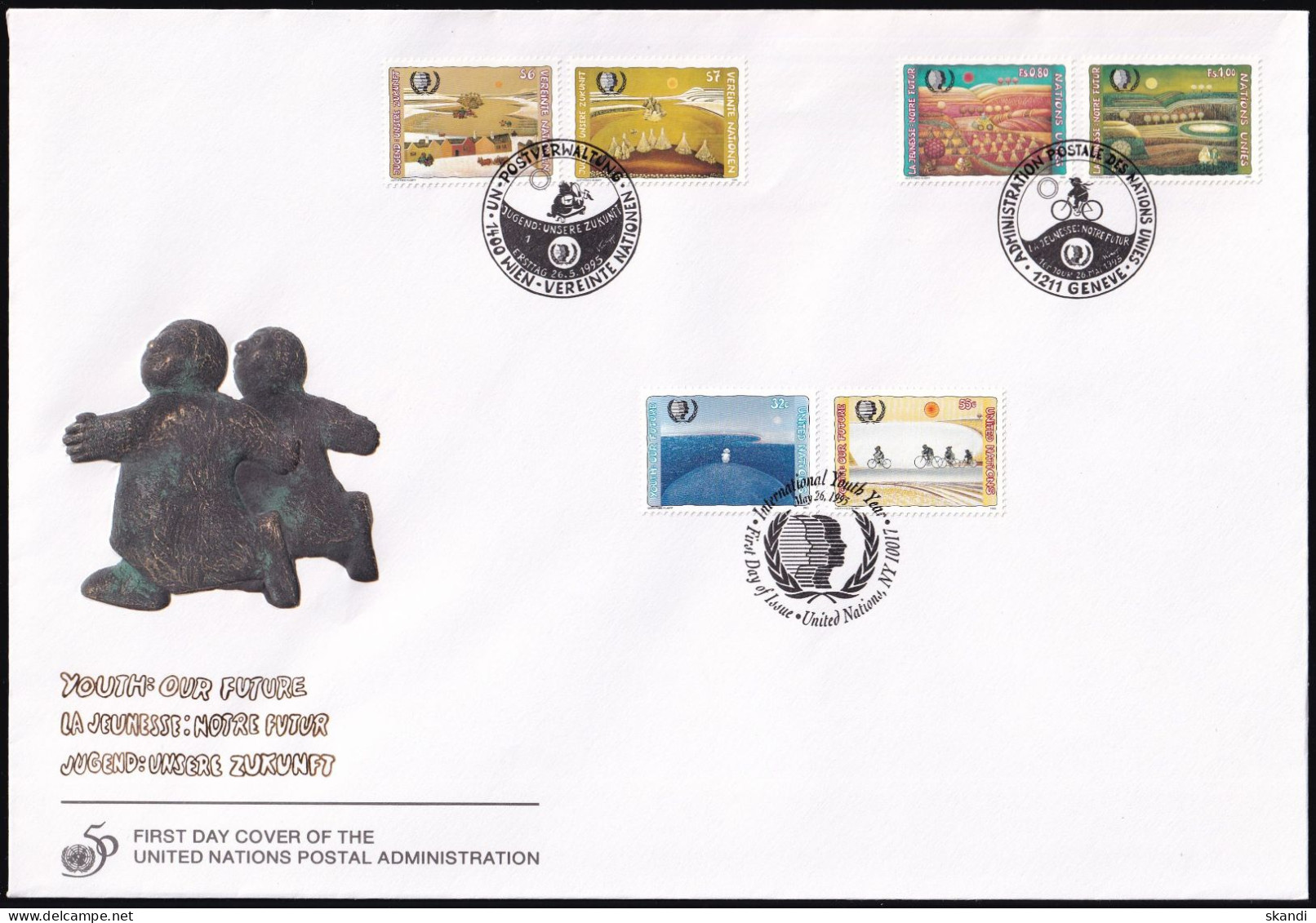 UNO NEW YORK - WIEN - GENF 1995 TRIO-FDC Jugend - Unsere Zukunft - New York/Geneva/Vienna Joint Issues