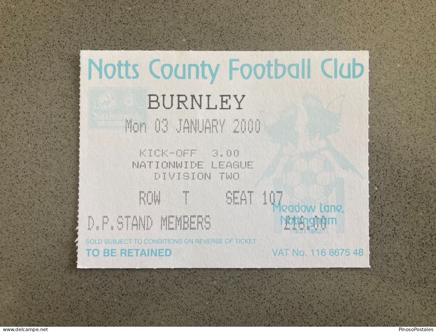 Notts County V Burnley 1999-00 Match Ticket - Match Tickets