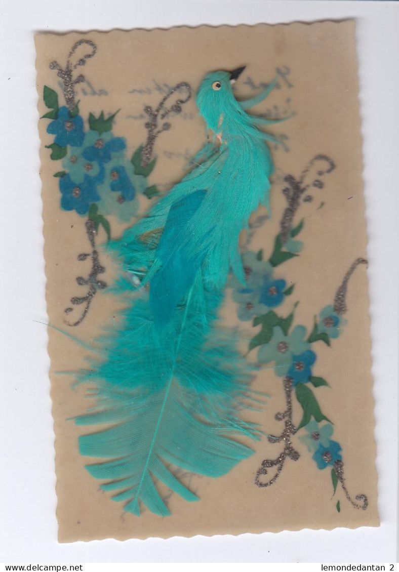 Celluloid Card - Carte Celluloïde - Bird With Real Feathers, Oiseau Avec De Vraies Plumes - Altri & Non Classificati