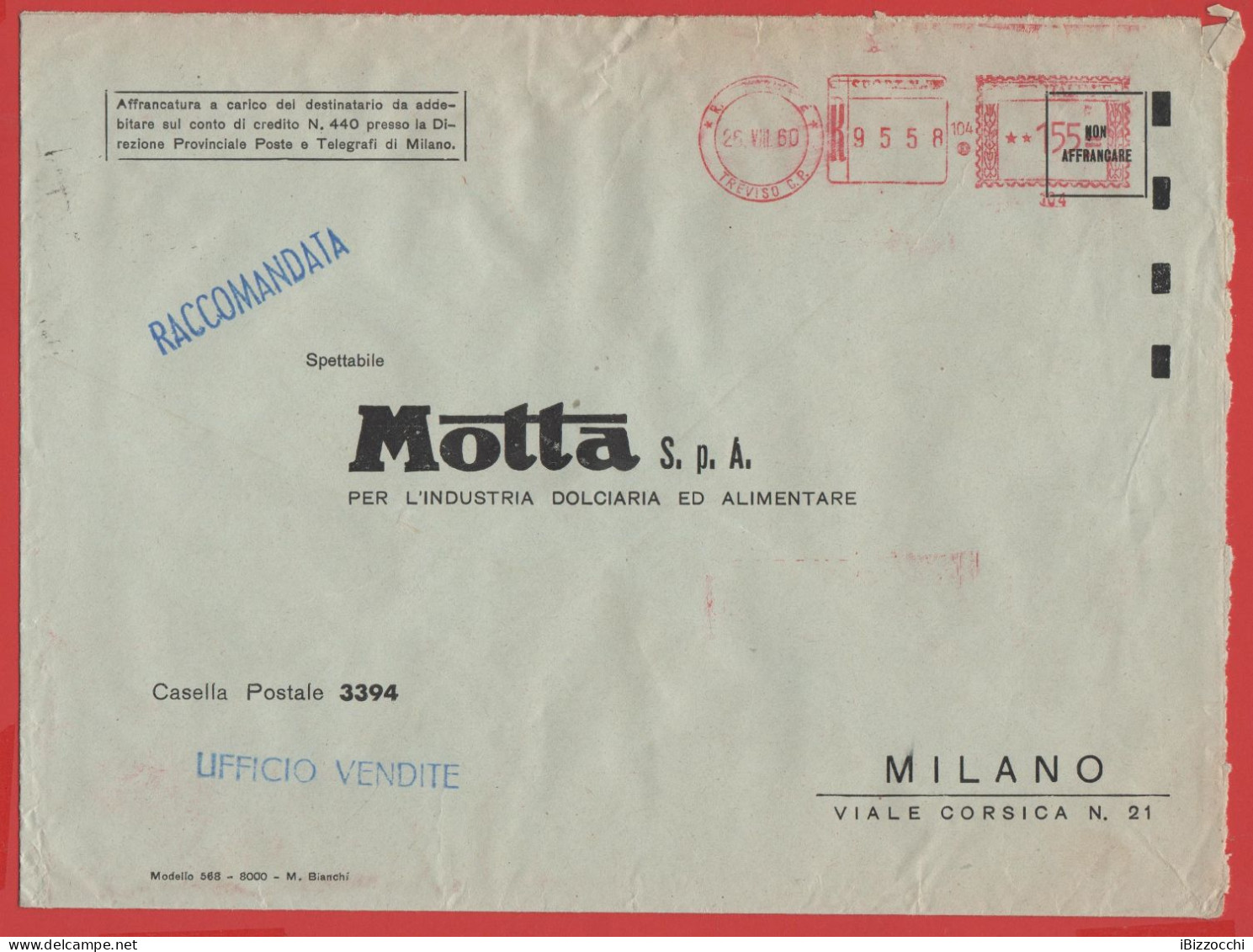 ITALIA - Storia Postale Repubblica - 1960 - 155 EMA Red Cancel - Busta Di Grande Formato - Motta - RACCOMANDATA - Viaggi - 1946-60: Poststempel
