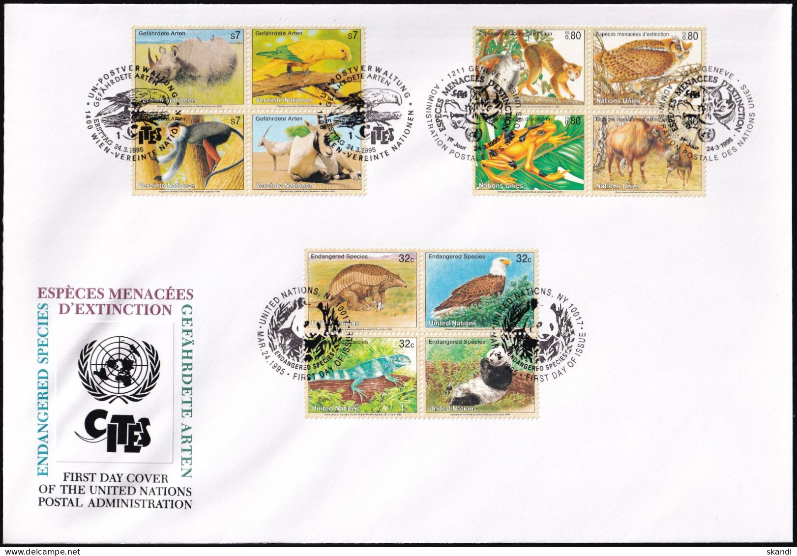 UNO NEW YORK - WIEN - GENF 1995 TRIO-FDC Gefährdete Arten - Gezamelijke Uitgaven New York/Genève/Wenen