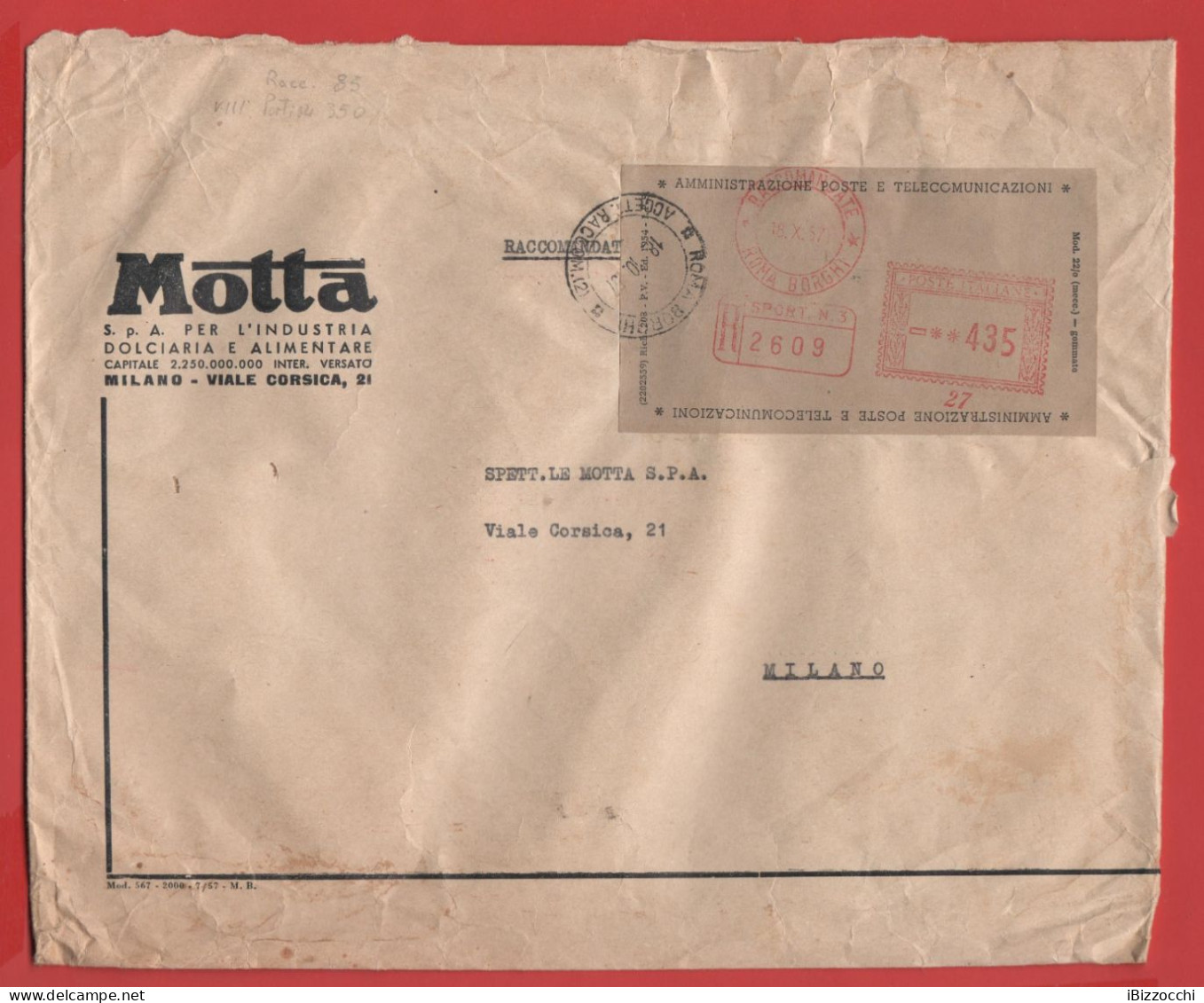 ITALIA - Storia Postale Repubblica - 1957 - 435 EMA Red Cancel - Busta Di Grande Formato - Motta - RACCOMANDATA - Viaggi - 1946-60: Marcophilia