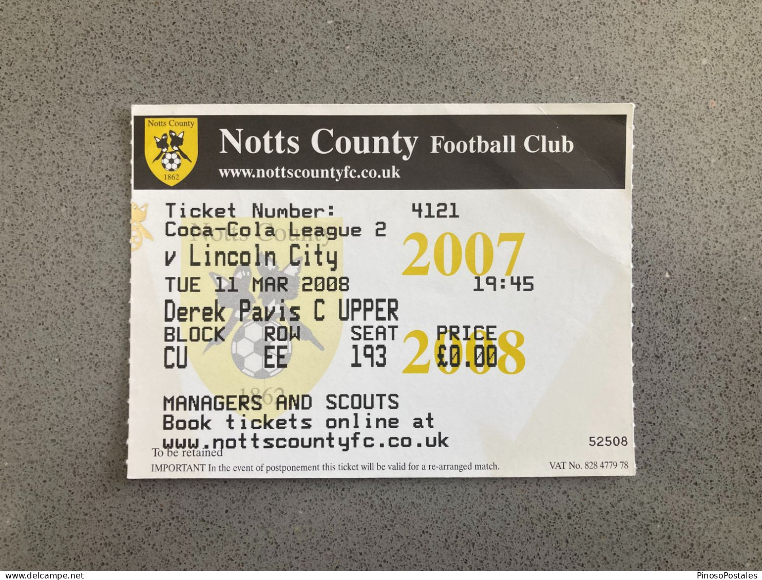 Notts County V Lincoln City 2007-08 Match Ticket - Tickets D'entrée