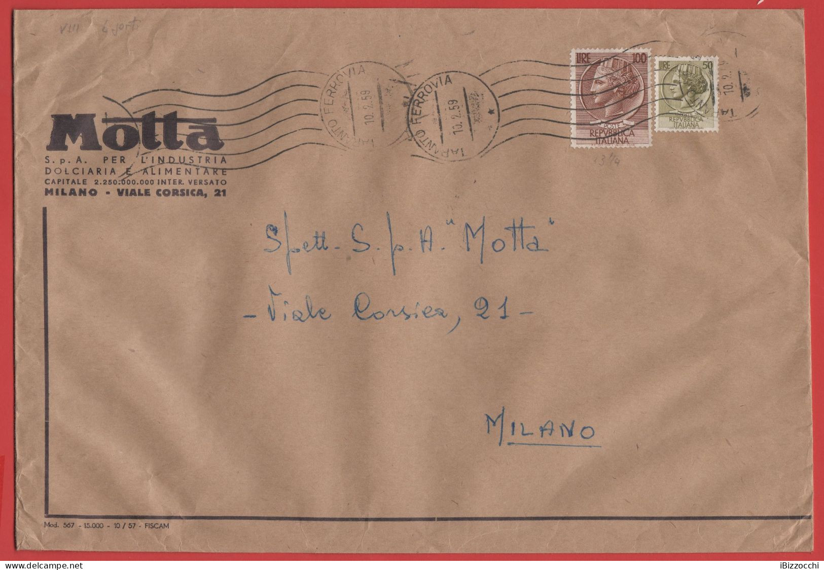 ITALIA - Storia Postale Repubblica - 1959 - 100 Antica Moneta Siracusana + 50 Antica Moneta Siracusana - Busta Di Grande - 1946-60: Storia Postale