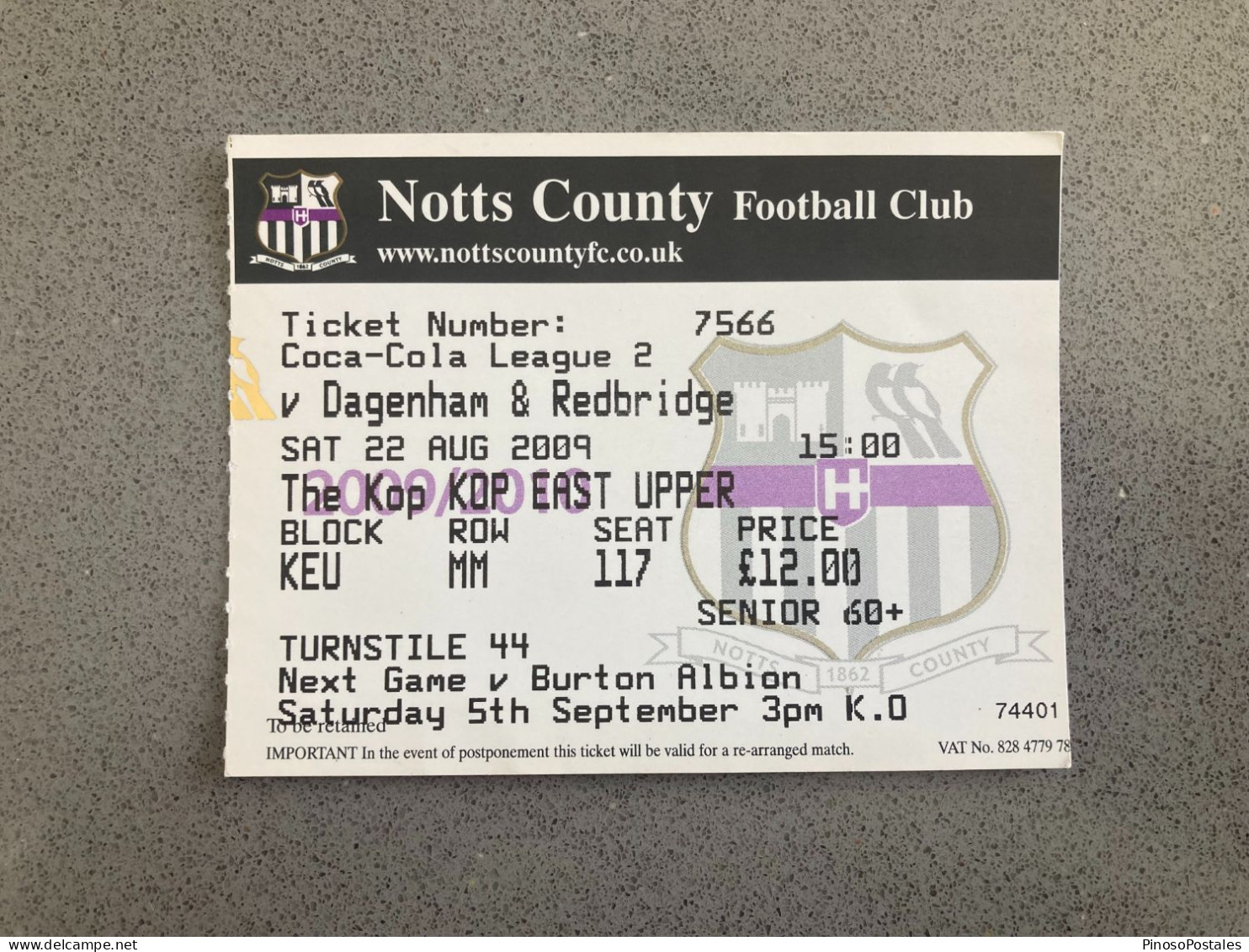 Notts County V Dagenham & Redbridge 2009-10 Match Ticket - Tickets - Entradas