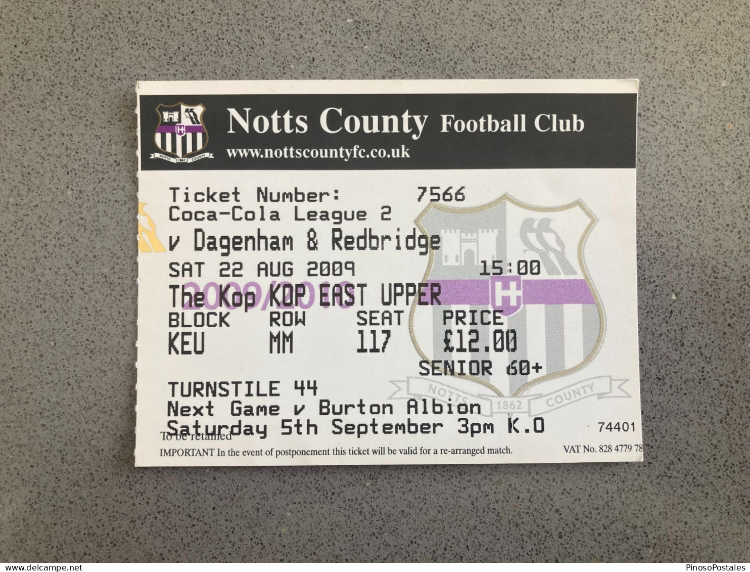 Notts County V Dagenham & Redbridge 2009-10 Match Ticket - Tickets D'entrée