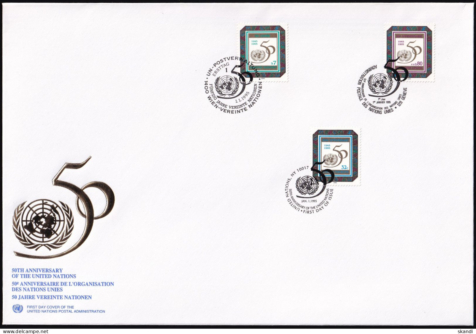 UNO NEW YORK - WIEN - GENF 1995 TRIO-FDC 50 Jahre Vereinte Nationen - Gemeinschaftsausgaben New York/Genf/Wien