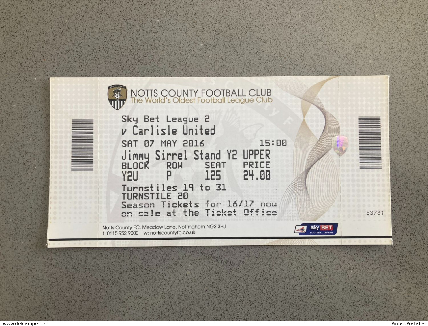 Notts County V Carlisle United 2015-16 Match Ticket - Biglietti D'ingresso