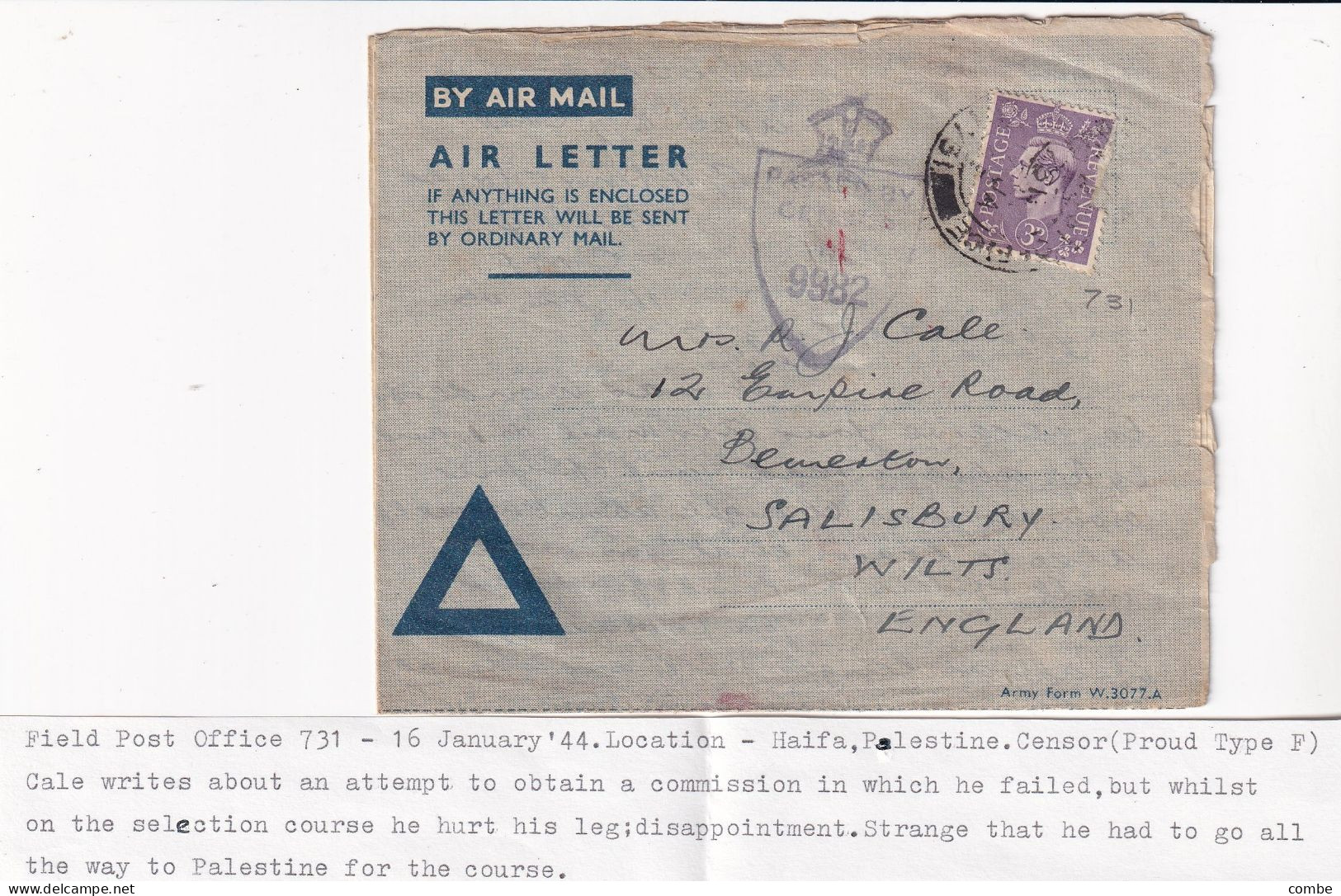 AIR LETTER. GB. FIELD POST OFFICE 731. 16 JANV 45. HAIFA. PALESTINE. CENSORED - Militaria