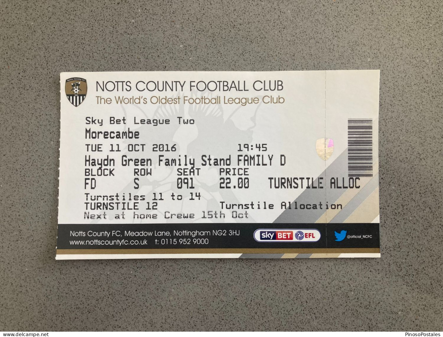 Notts County V Morecambe 2016-17 Match Ticket - Tickets D'entrée