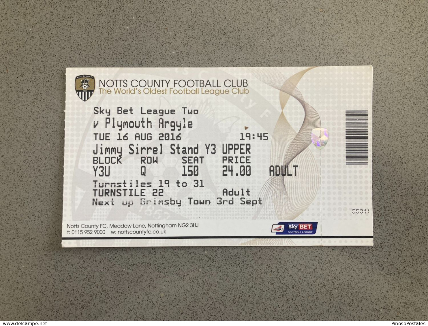 Notts County V Plymouth Argyle 2016-17 Match Ticket - Match Tickets