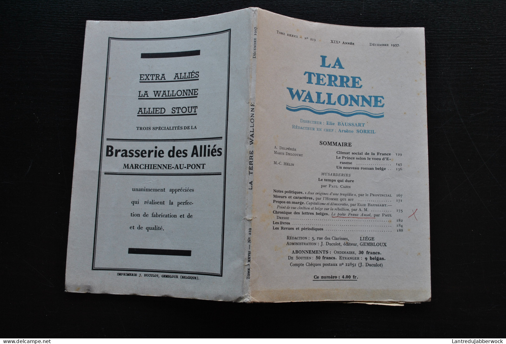 Revue La Terre Wallonne N°219 1937 Régionalisme Elie Baussart Arsène Soreil Franz Ansel Capitalisme Démocratie Politique - België