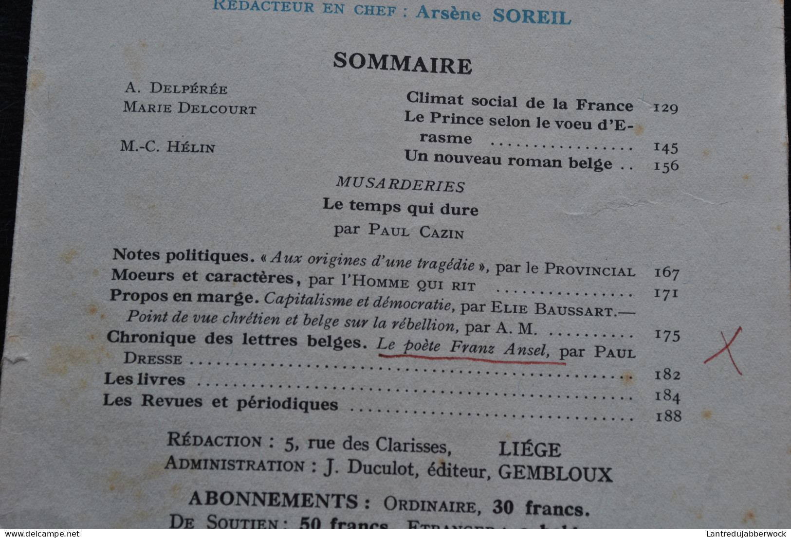 Revue La Terre Wallonne N°219 1937 Régionalisme Elie Baussart Arsène Soreil Franz Ansel Capitalisme Démocratie Politique - Belgio