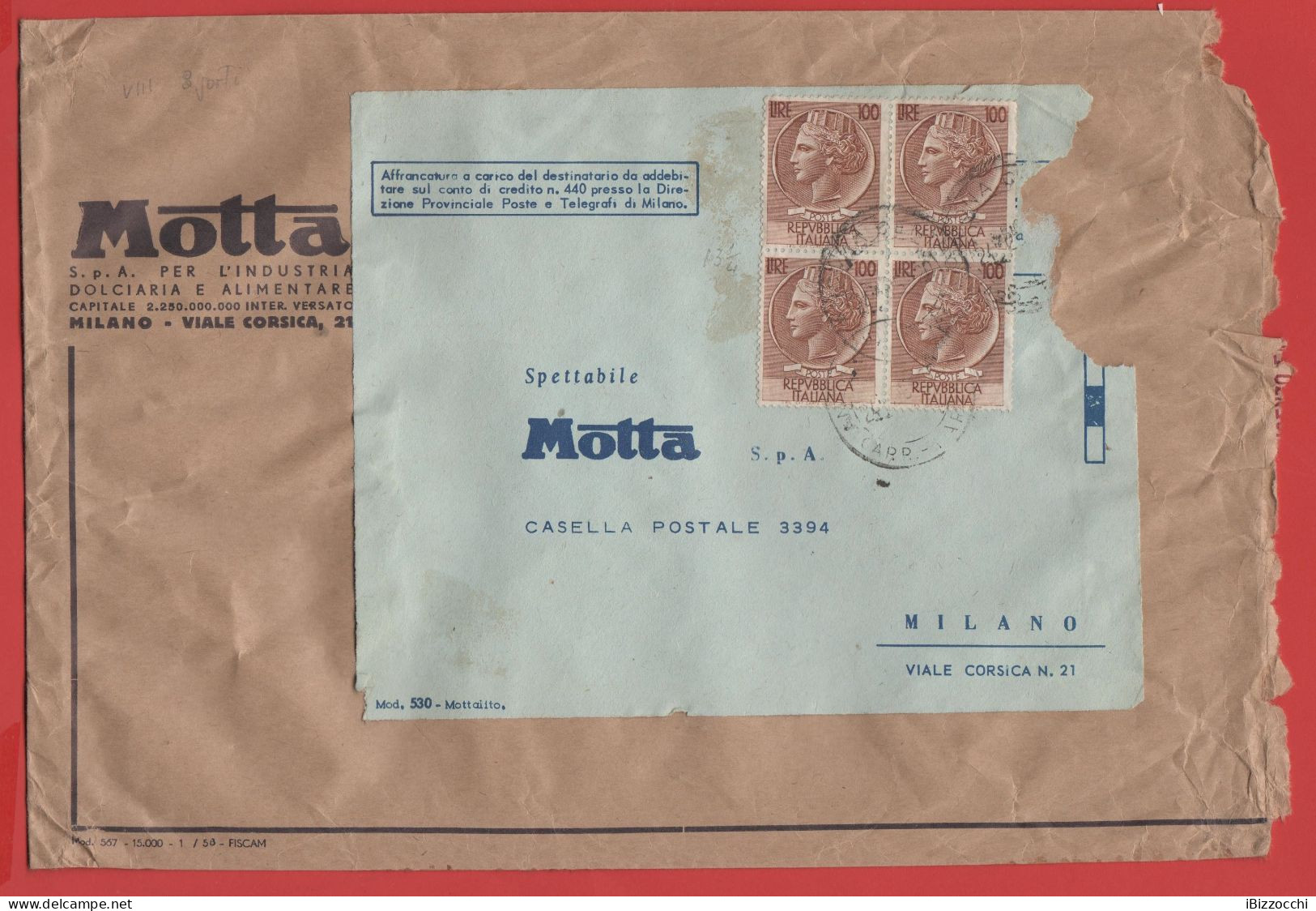 ITALIA - Storia Postale Repubblica - 1960 - 4x 100 Antica Moneta Siracusana - Busta Di Grande Formato - Motta - Viaggiat - 1946-60: Marcofilie