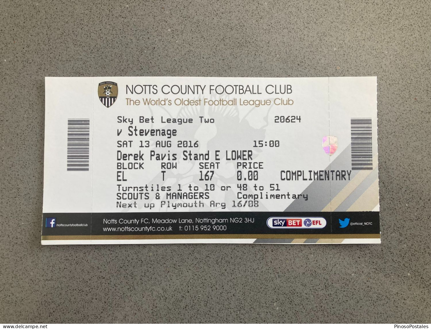 Notts County V Stevenage 2016-17 Match Ticket - Eintrittskarten