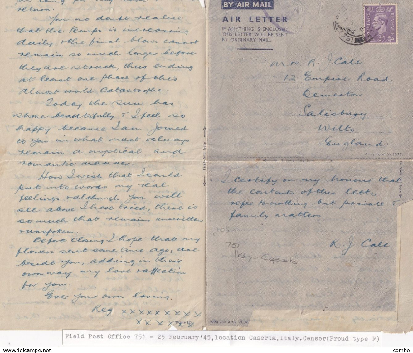 AIR LETTER. GB. FIELD POST OFFICE 751. 25 FEB 45. CASERTA. ITALY. CENSORED - Militares