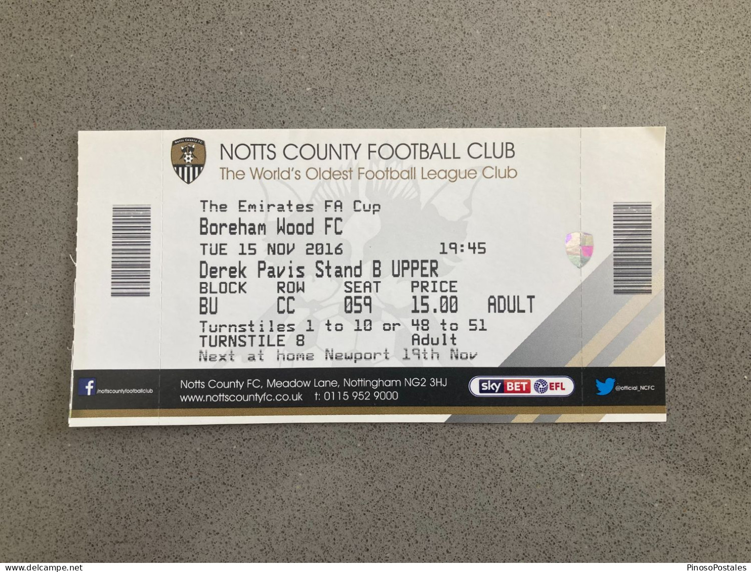 Notts County V Boreham Wood 2016-17 Match Ticket - Tickets D'entrée