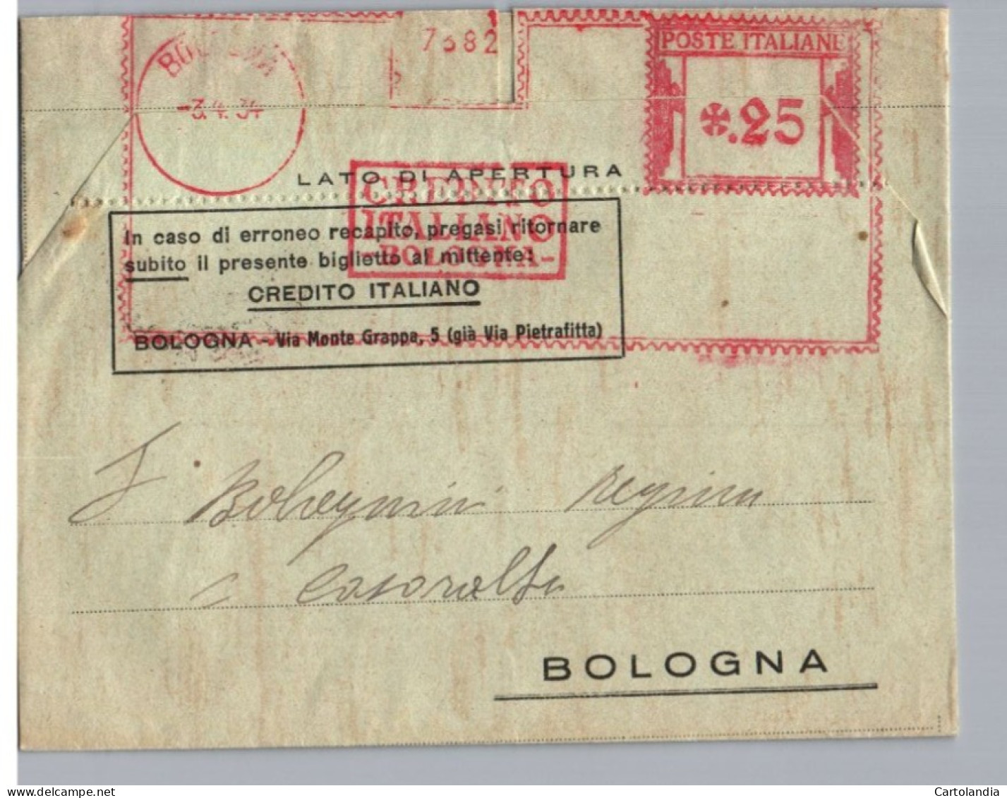 ITALIA 1934 -   Annullo Meccanico Rosso (EMA)  Credito Italiano Bologna - Franking Machines (EMA)