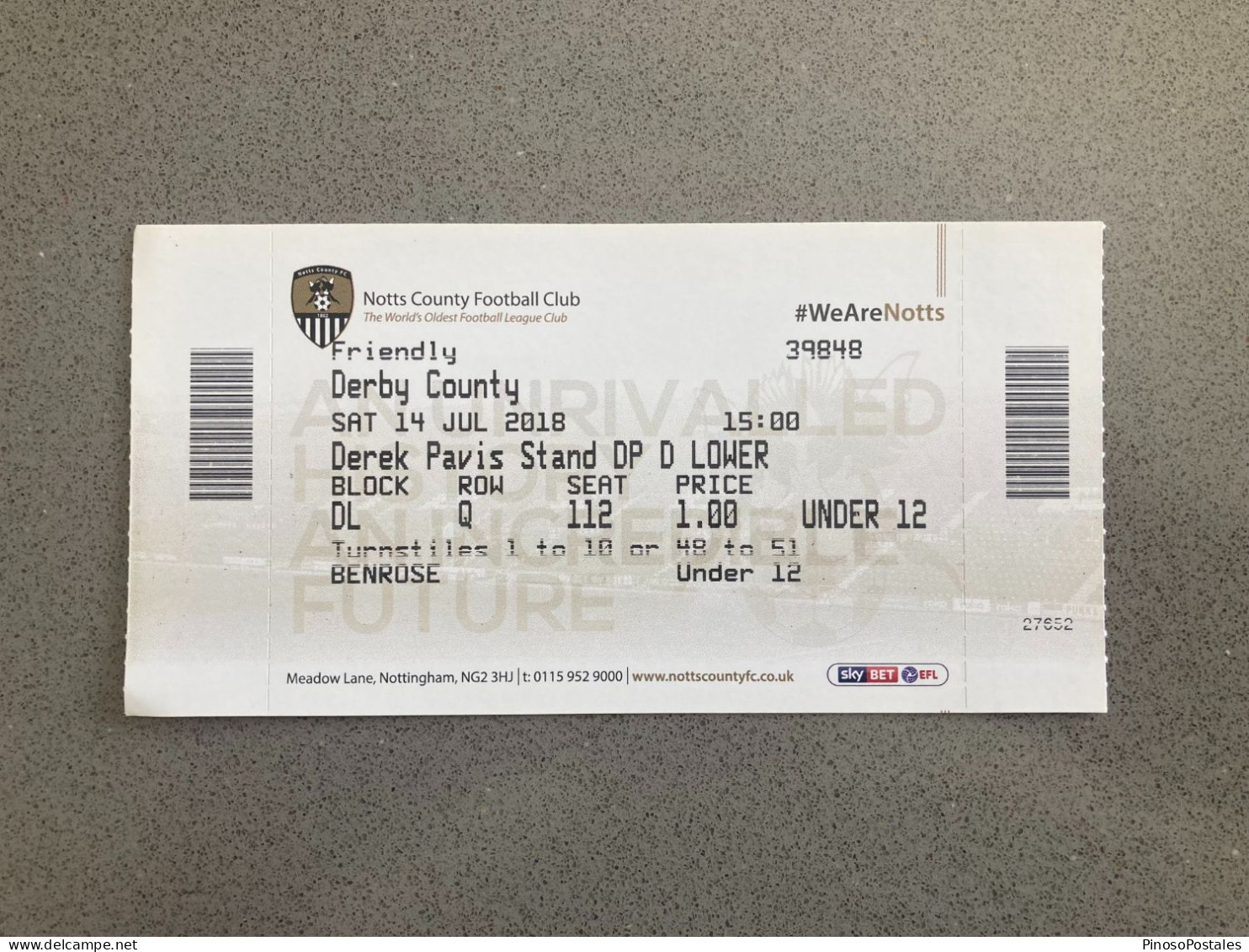 Notts County V Derby Coutny 2018-19 Match Ticket - Eintrittskarten