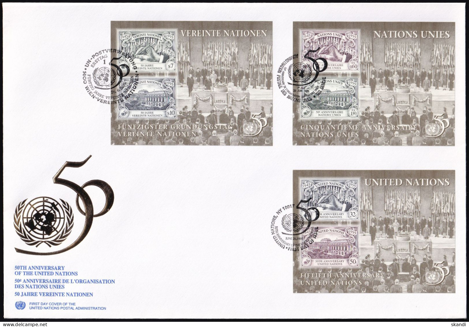 UNO NEW YORK - WIEN - GENF 1995 TRIO-FDC 50 Jahre Vereinte Nationen - Gezamelijke Uitgaven New York/Genève/Wenen