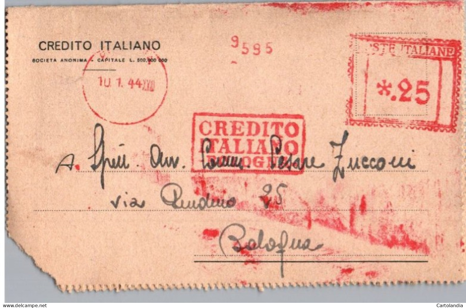 ITALIA 1944 -   Annullo Meccanico Rosso (EMA)  Credito Italiano Bologna - Frankeermachines (EMA)