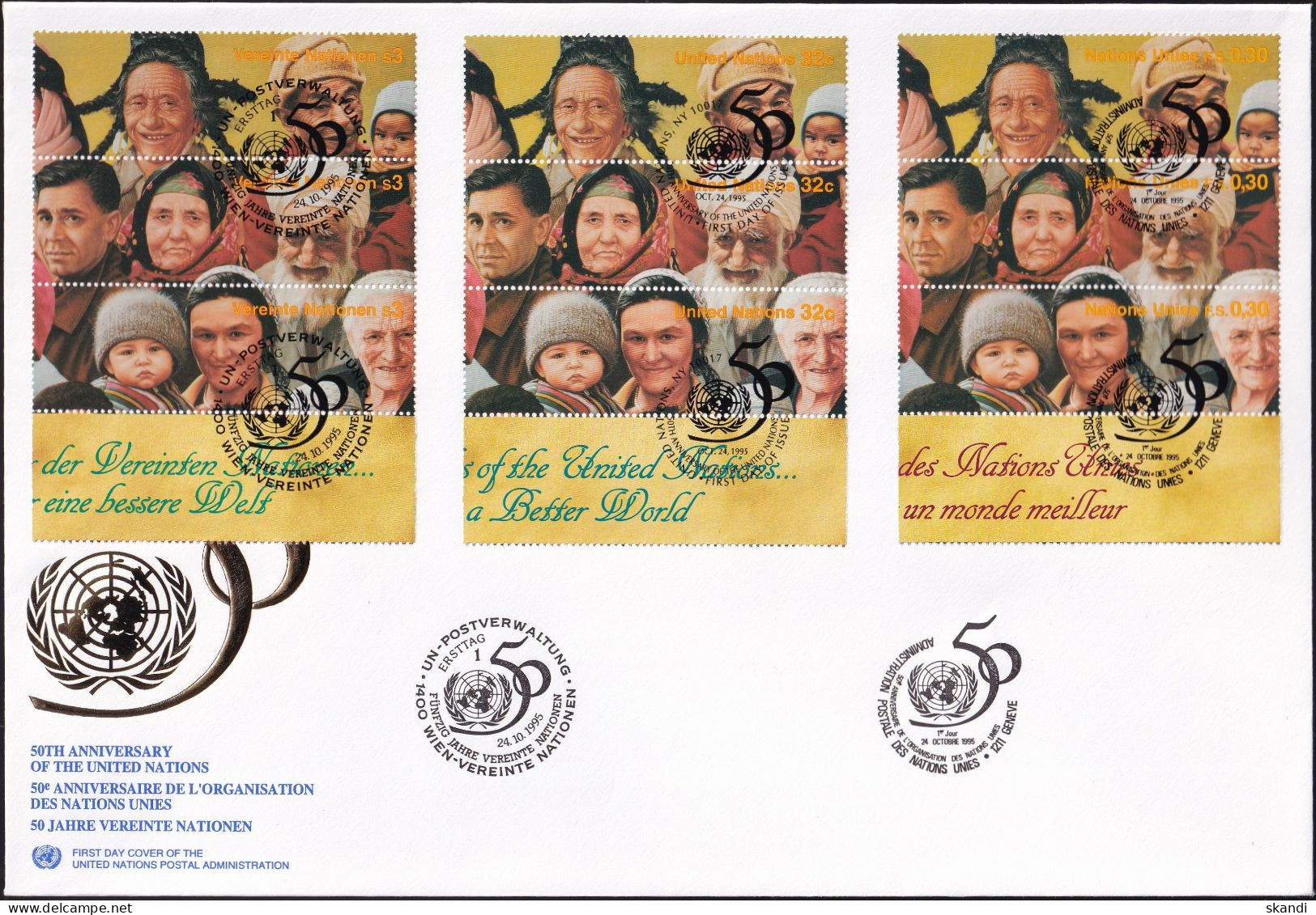 UNO NEW YORK - WIEN - GENF 1995 TRIO-FDC 4 Briefe 50 Jahre Vereinte Nationen - Gemeinschaftsausgaben New York/Genf/Wien