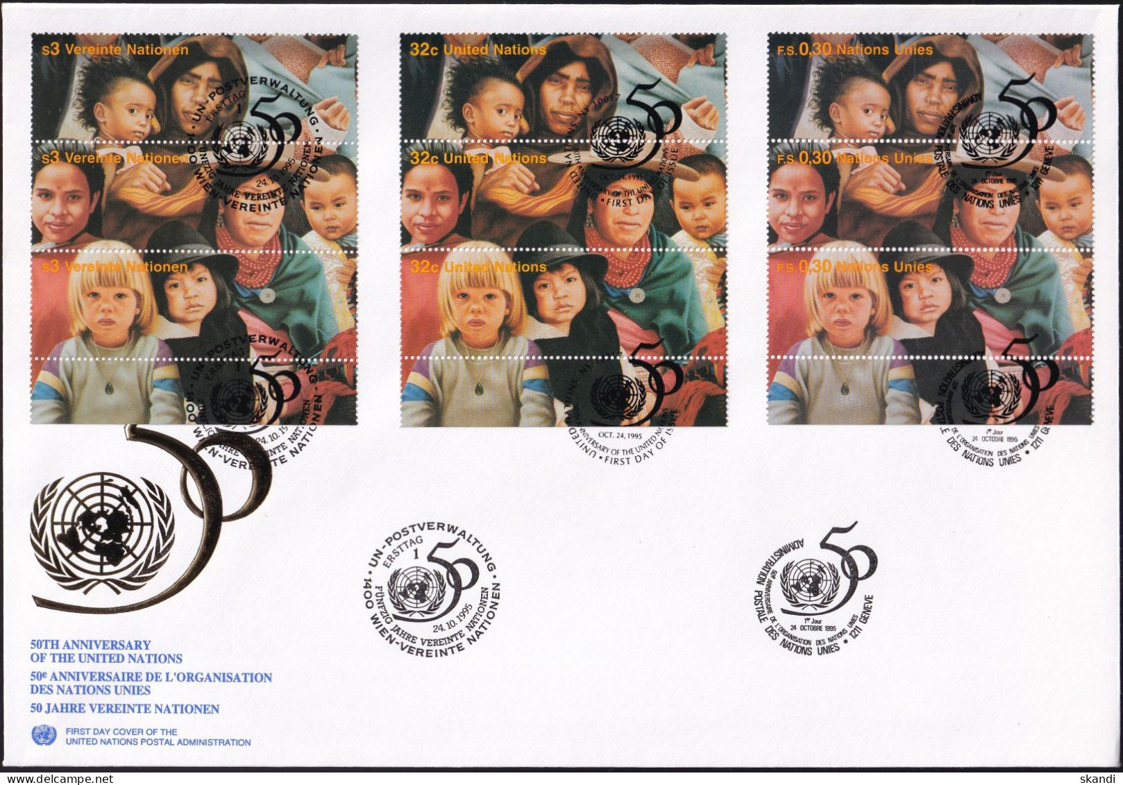 UNO NEW YORK - WIEN - GENF 1995 TRIO-FDC 4 Briefe 50 Jahre Vereinte Nationen - Emissioni Congiunte New York/Ginevra/Vienna