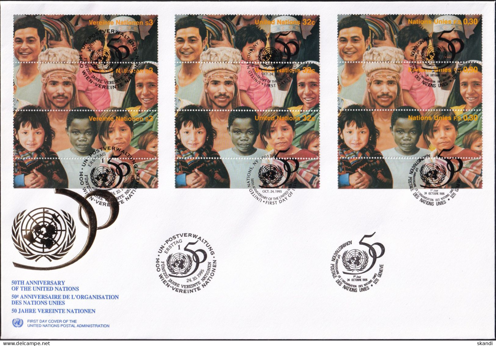 UNO NEW YORK - WIEN - GENF 1995 TRIO-FDC 4 Briefe 50 Jahre Vereinte Nationen - Gemeinschaftsausgaben New York/Genf/Wien