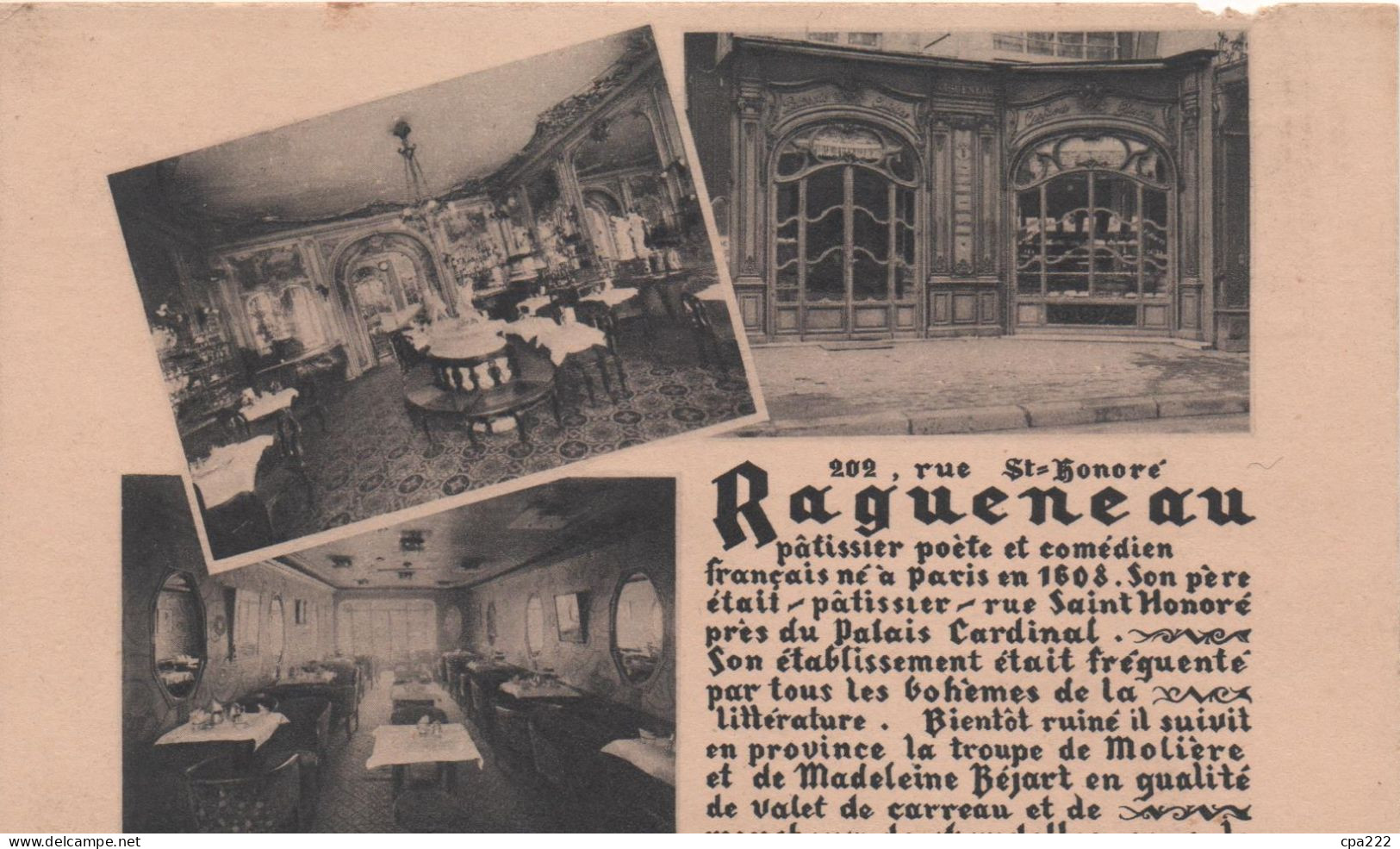 75  Paris   Carte Publicitaire   Ragueneau   202 Rue St Honore   Salon De The - Bar, Alberghi, Ristoranti