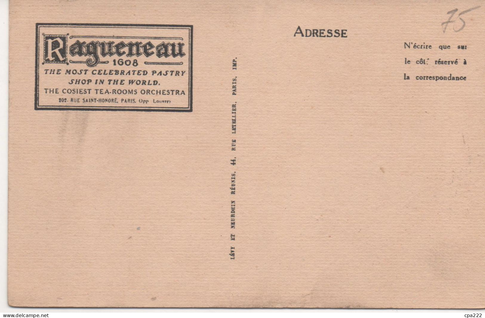 75  Paris   Carte Publicitaire   Ragueneau   202 Rue St Honore   Salon De The - Cafés, Hoteles, Restaurantes