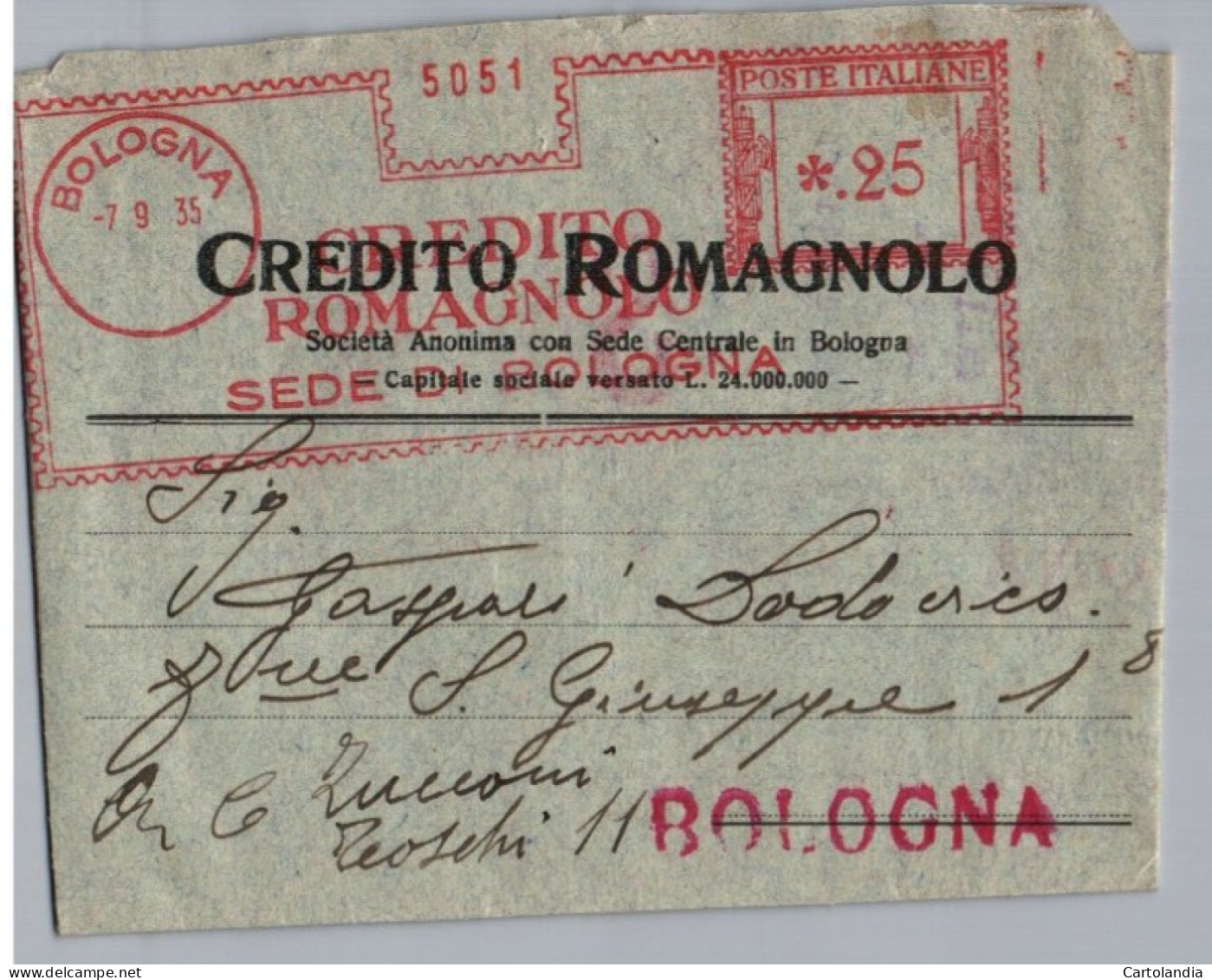 ITALIA 1935-   Annullo Meccanico Rosso (EMA)  Credito Romagnolo Bologna - Franking Machines (EMA)