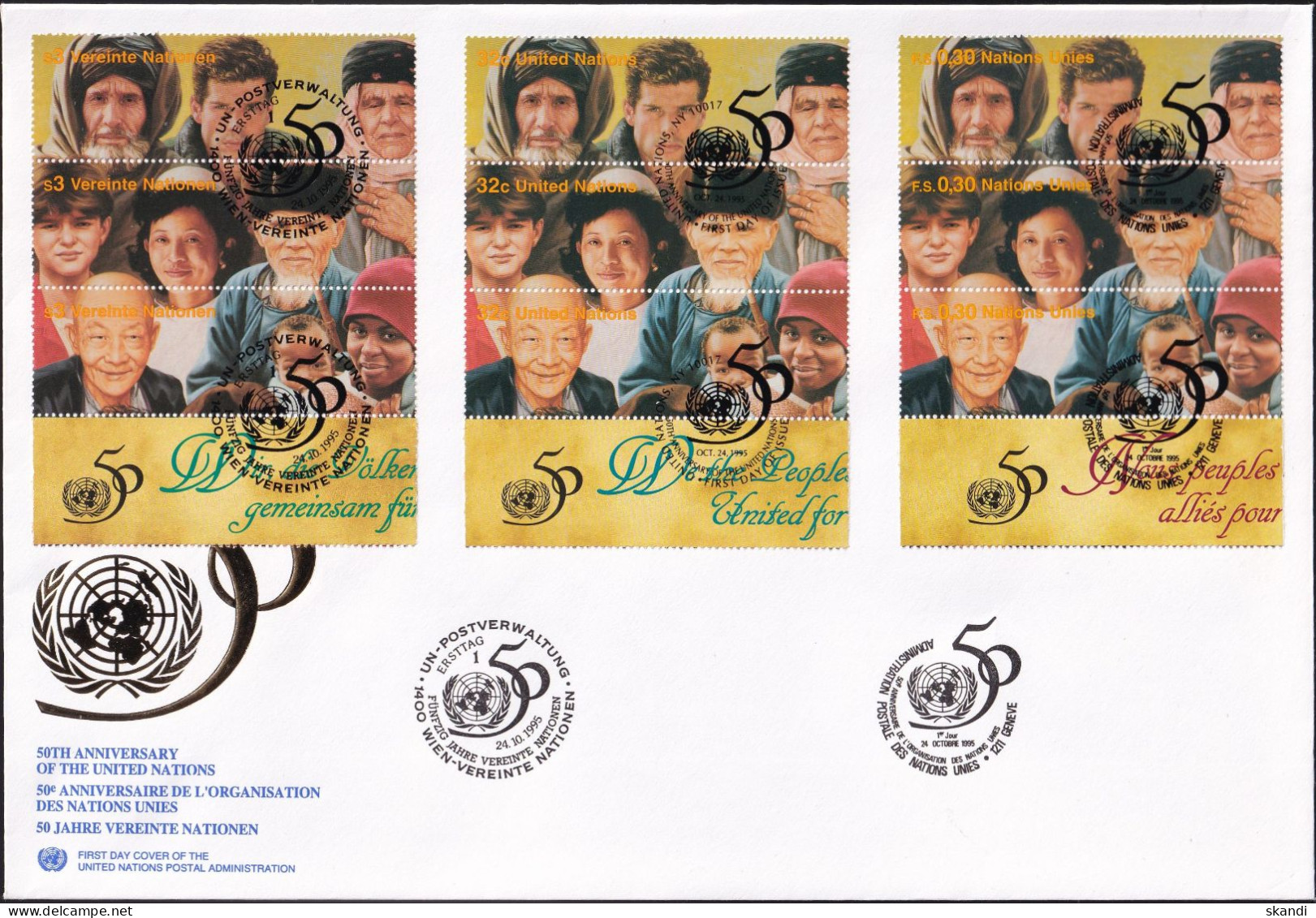 UNO NEW YORK - WIEN - GENF 1995 TRIO-FDC 4 Briefe 50 Jahre Vereinte Nationen - Gemeinschaftsausgaben New York/Genf/Wien