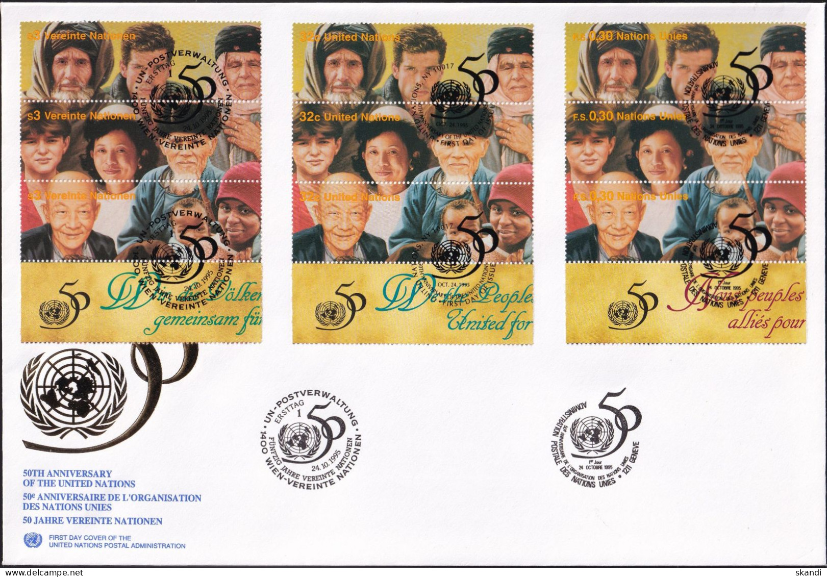 UNO NEW YORK - WIEN - GENF 1995 TRIO-FDC 4 Briefe 50 Jahre Vereinte Nationen - Emissioni Congiunte New York/Ginevra/Vienna