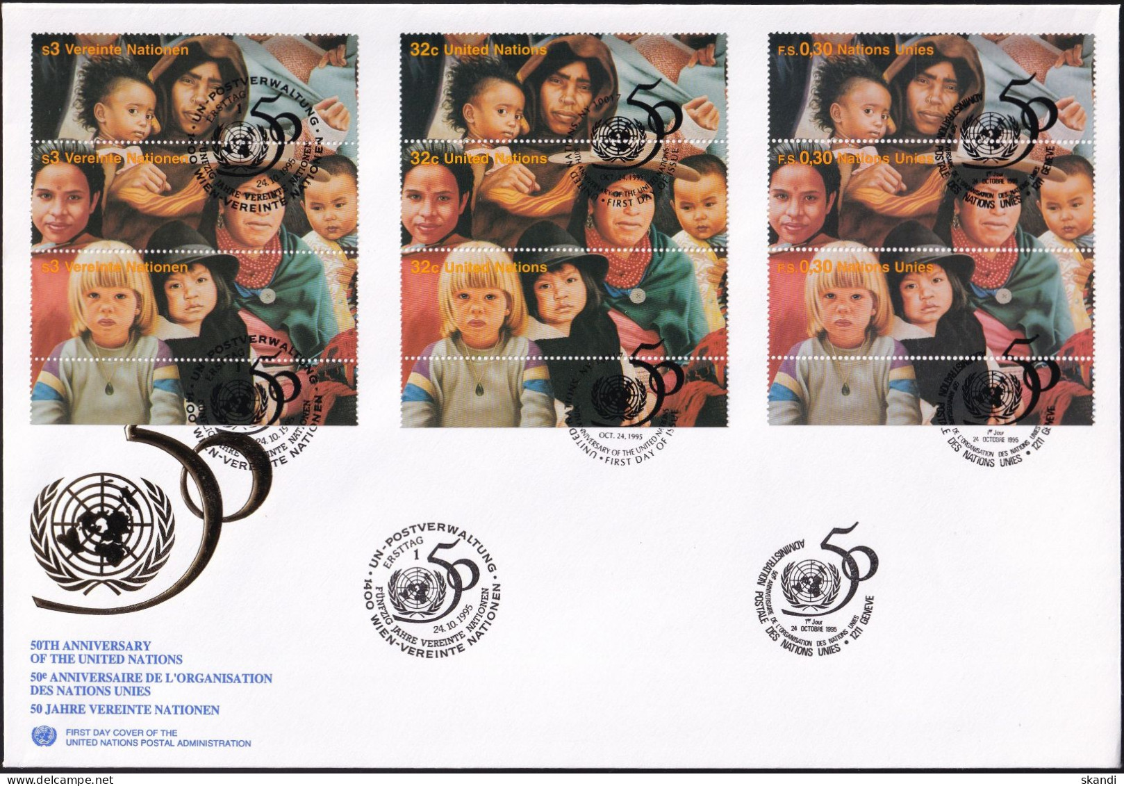 UNO NEW YORK - WIEN - GENF 1995 TRIO-FDC 4 Briefe 50 Jahre Vereinte Nationen - Gemeinschaftsausgaben New York/Genf/Wien