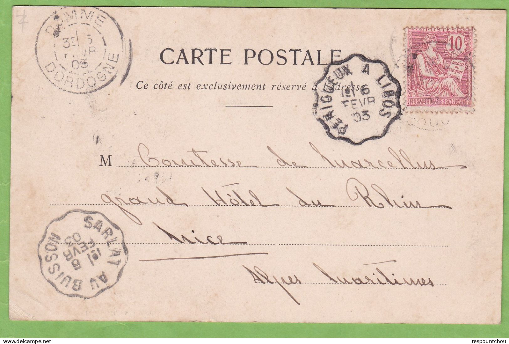 Rare 2 Cachet Ambulant " Périgueux à Libos " + Sarlat Au Buisson " 1903 Sur CPA Précurseur Montfort 24 Dordogne - Railway Post