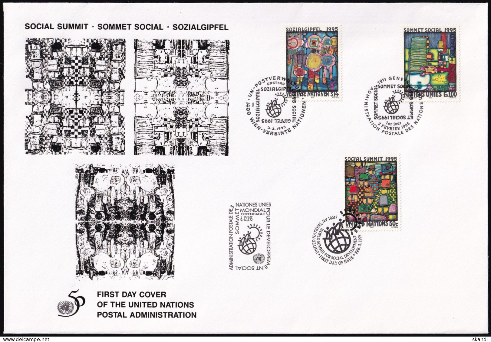 UNO NEW YORK - WIEN - GENF 1995 TRIO-FDC Sozialgipfel - Gemeinschaftsausgaben New York/Genf/Wien